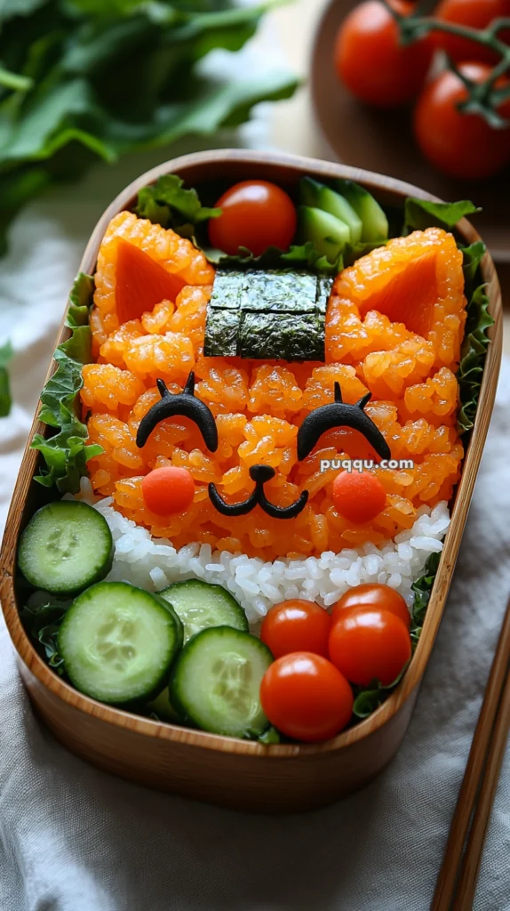 A bento box featuring rice shaped like a cute fox face with orange rice, nori seaweed facial features, and surrounded by cherry tomatoes and cucumber slices.