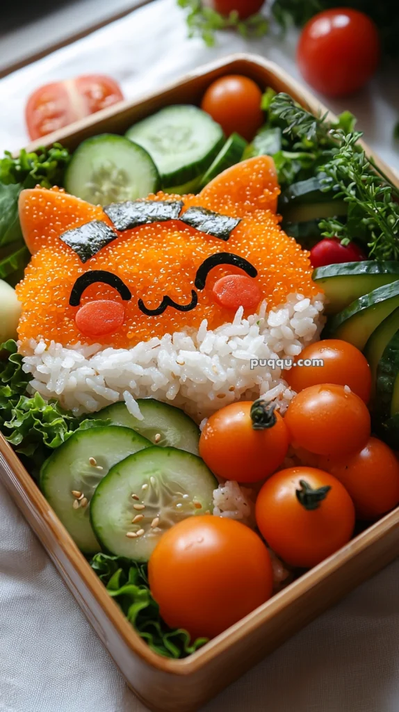 A bento box featuring a rice formation shaped like a cute animal face with orange roe on top, nori accents, and surrounded by lettuce, cucumber slices, and cherry tomatoes.