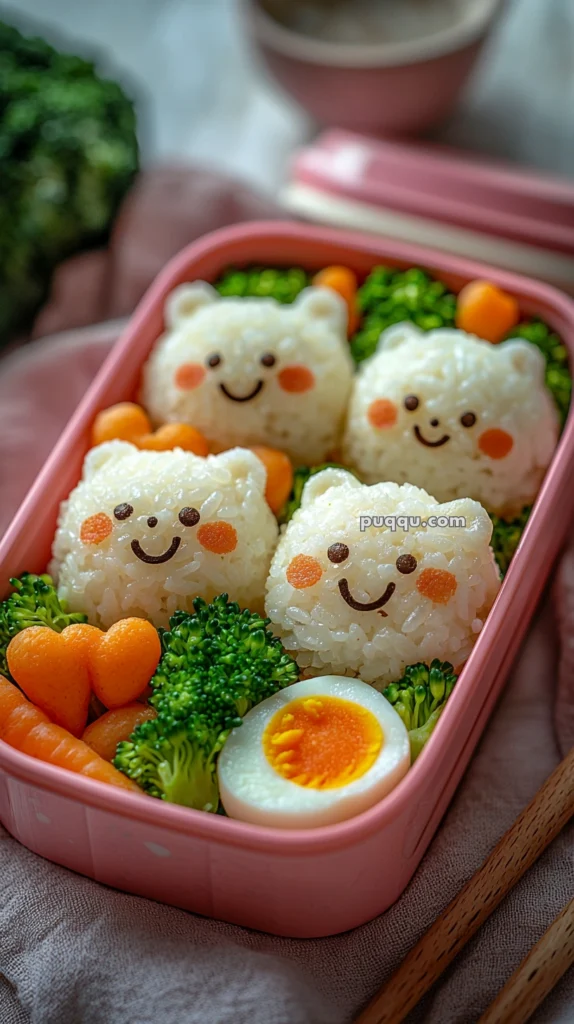 A colorful bento box containing rice balls shaped like bears with seaweed eyes and mouth, surrounded by steamed broccoli, carrot hearts, and half a boiled egg.