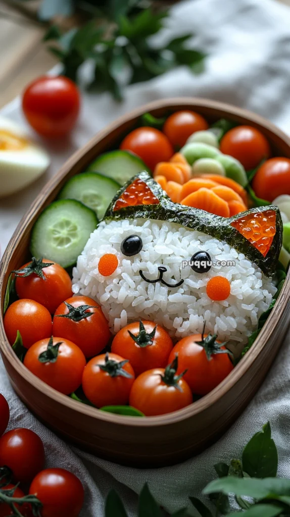A bento box featuring a rice ball shaped like a cat, with seaweed accents for ears and eyes, surrounded by cherry tomatoes, cucumber slices, and shaped carrot pieces.