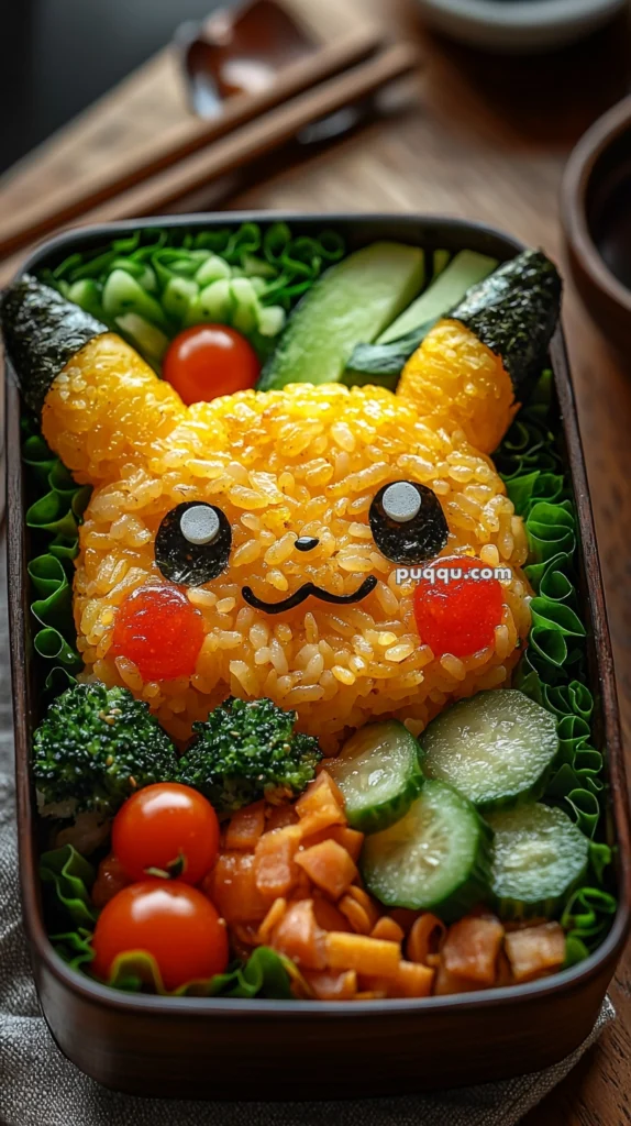 A bento box featuring rice shaped like a popular electric-type character, surrounded by cucumbers, broccoli, cherry tomatoes, and diced vegetables, all arranged with decorative greens.