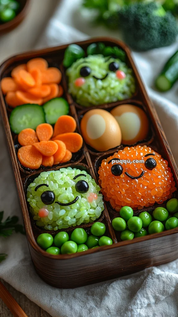 A bento box containing creatively arranged food, featuring two rice balls with cute facial expressions, sliced cucumbers, carrot flowers, boiled eggs, and a portion of green peas.