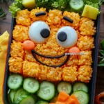 A bento box featuring a smiling face made from orange rice, with boiled eggs for eyes, and nori for the mouth and eyebrows. Surrounding the face are fresh lettuce leaves, cucumber slices, and cubes of fruit and vegetables, including yellow and orange pieces. The presentation is colorful and playful.