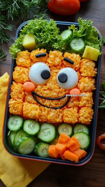 A bento box featuring a smiling face made from orange rice, with boiled eggs for eyes, and nori for the mouth and eyebrows. Surrounding the face are fresh lettuce leaves, cucumber slices, and cubes of fruit and vegetables, including yellow and orange pieces. The presentation is colorful and playful.
