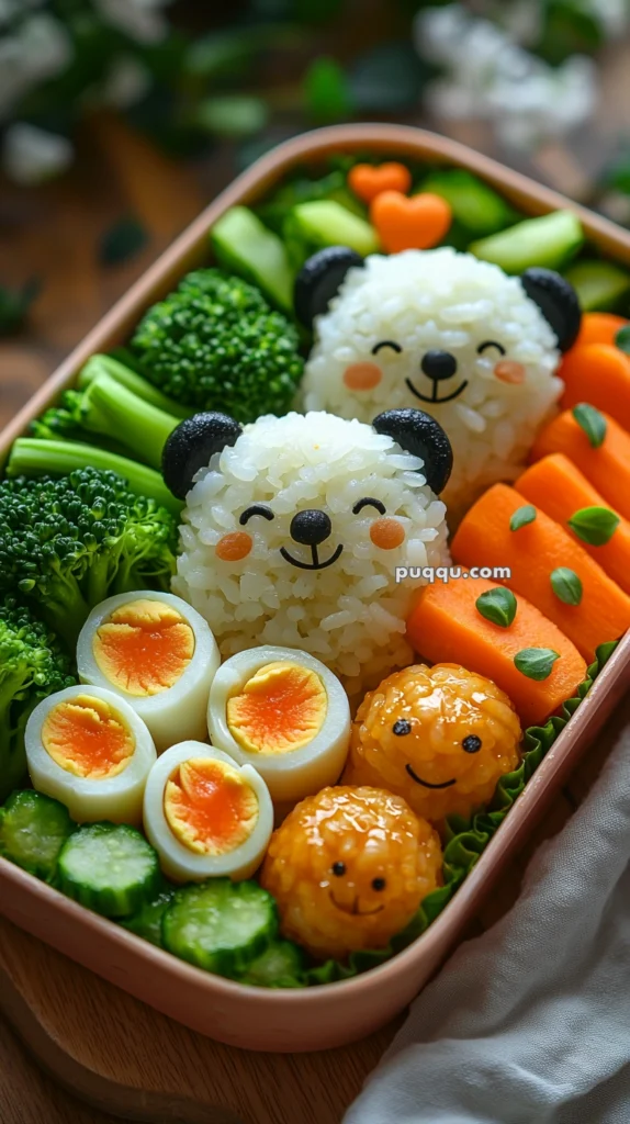 A bento box featuring rice balls shaped like panda faces, surrounded by broccoli, carrots, sliced boiled eggs, and decorated with smiling faces and heart shapes.