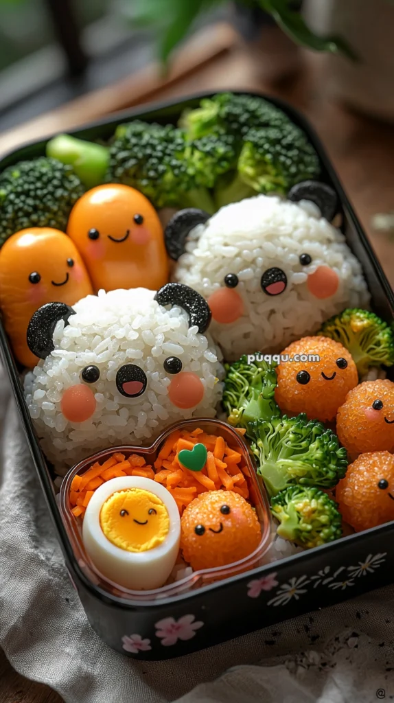 A whimsical bento box featuring rice shaped into panda faces with seaweed features, surrounded by smiley-faced cherry tomatoes, broccoli florets, a halved boiled egg with a smiling yolk, and a decorative arrangement of shredded carrots and small rice balls with cartoon faces.
