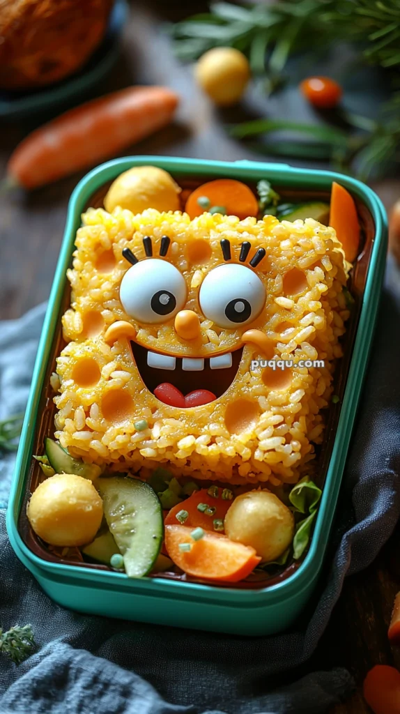 A creative bento box meal featuring rice shaped and decorated to resemble a cartoon character's face, surrounded by assorted vegetables like cucumber and carrots.