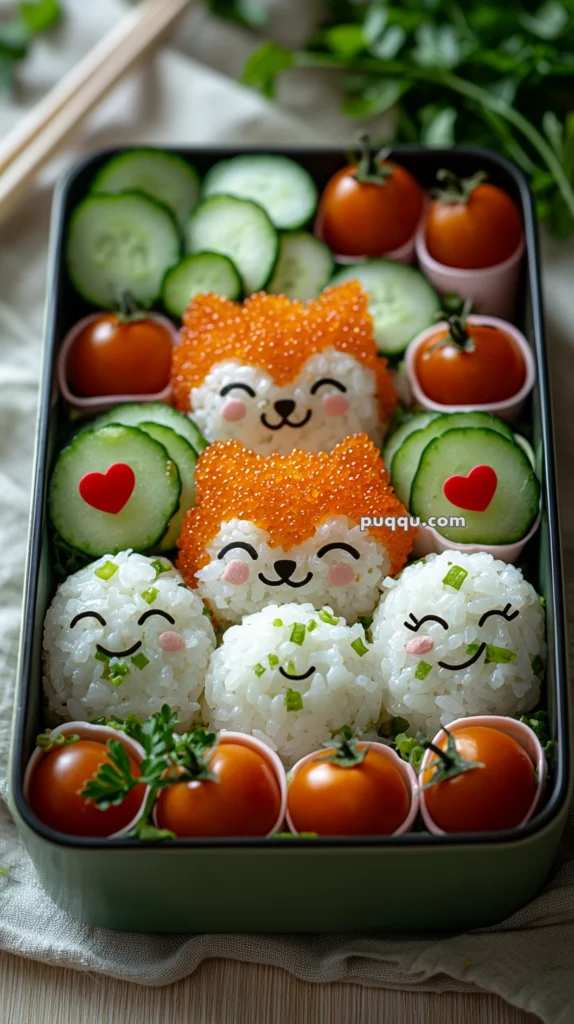 A decorative bento box featuring rice balls with smiling faces, some topped with orange fish roe to resemble foxes. The box is garnished with cucumber slices, cherry tomatoes, and heart-shaped decorations.