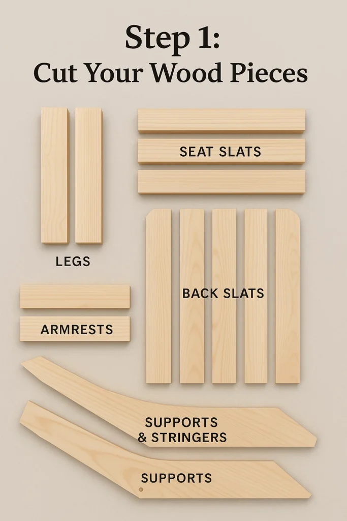 A diagram labeled 'Step 1: Cut Your Wood Pieces' shows various wood pieces for furniture assembly, including legs, armrests, seat slats, back slats, supports, and stringers arranged on a neutral background.