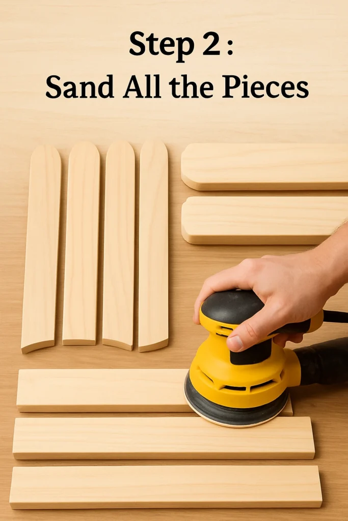 A hand using a yellow power sander on wooden pieces placed on a flat surface, with the text 'Step 2: Sand All the Pieces' above the scene.