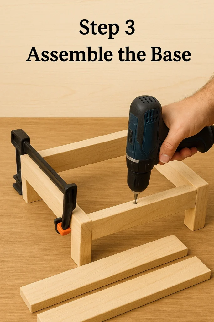 A person using a drill to assemble a wooden base, with a clamp holding the pieces together, and the text 'Step 3 Assemble the Base' above the image.