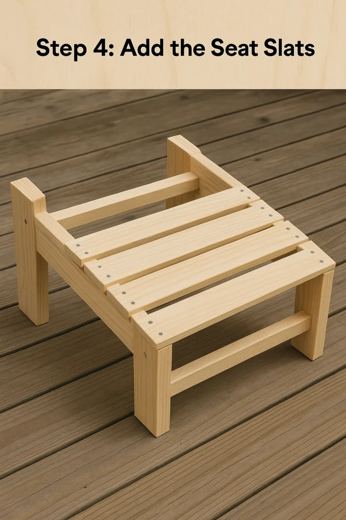A wooden structure with seat slats has been assembled on a wooden deck, indicating the fourth step in a construction project. The image is captioned with βStep 4: Add the Seat Slats.β