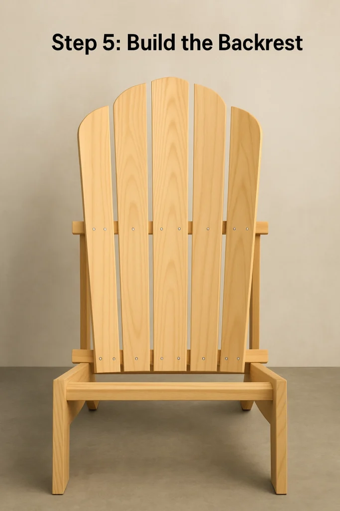 A wooden chair backrest is shown in the process of being constructed, with several vertical wooden slats attached to a frame. Above, the text reads "Step 5: Build the Backrest."