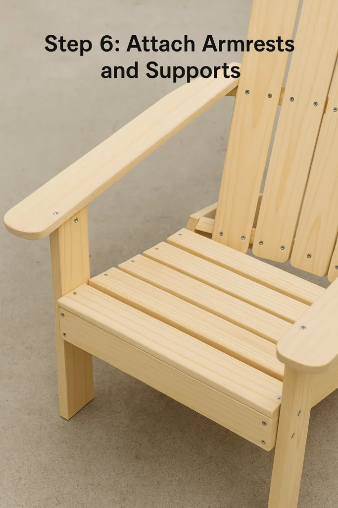 Wooden chair with armrests and back support partially assembled, labeled "Step 6: Attach Armrests and Supports."