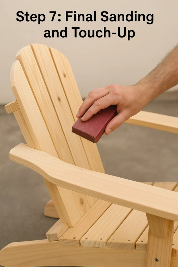A hand using sandpaper to sand a wooden chair, labeled "Step 7: Final Sanding and Touch-Up."