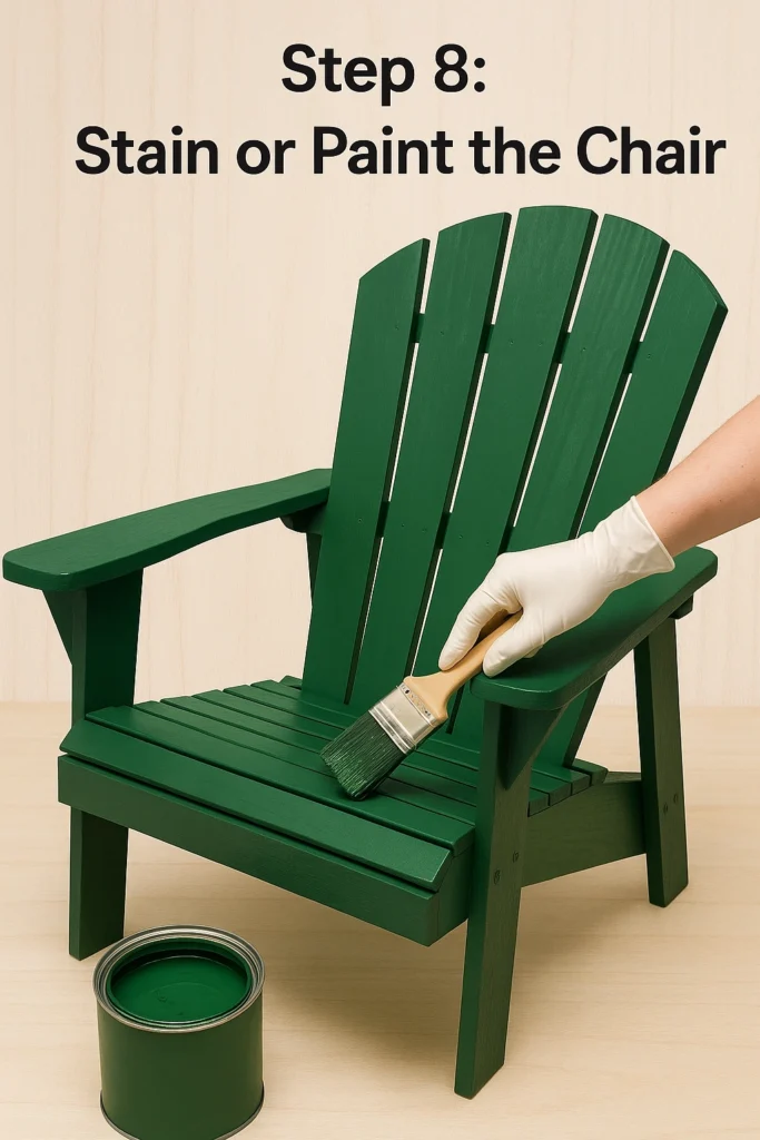 A person wearing a glove paints a green Adirondack chair with a brush, next to an open can of green paint. The text above reads: 'Step 8: Stain or Paint the Chair.'