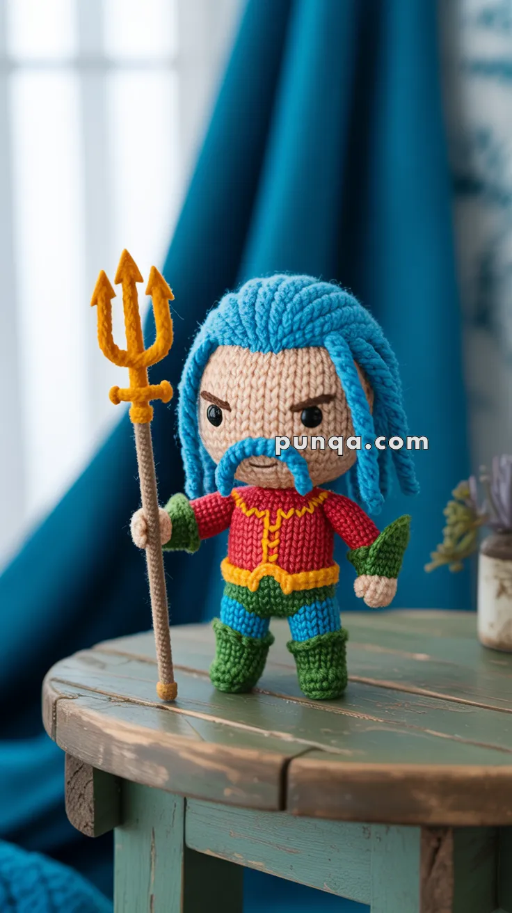 A handmade crochet Aquaman doll with blue yarn hair, holding a trident, wearing a red top with yellow accents, and green pants, standing on a wooden table with a blue curtain in the background.