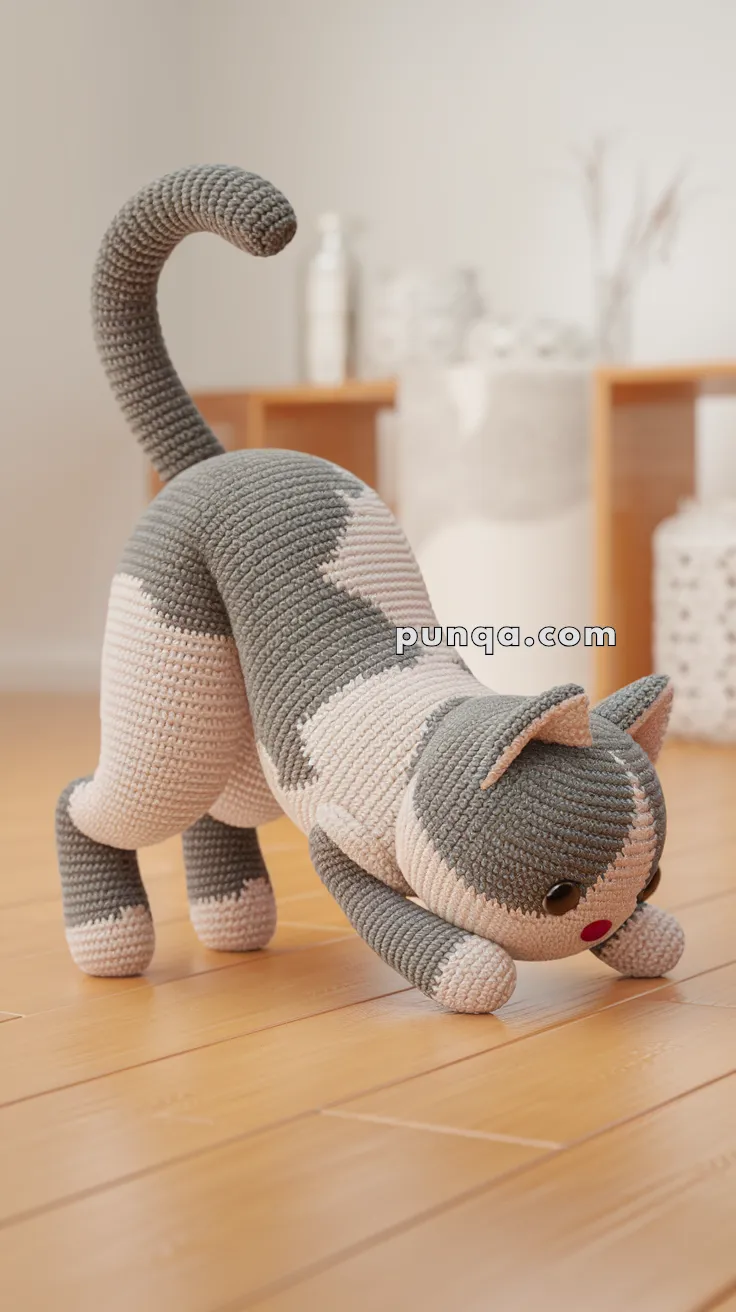 Crocheted cat toy with gray and white stripes, positioned playfully on a wooden floor in a room with blurred background decor.