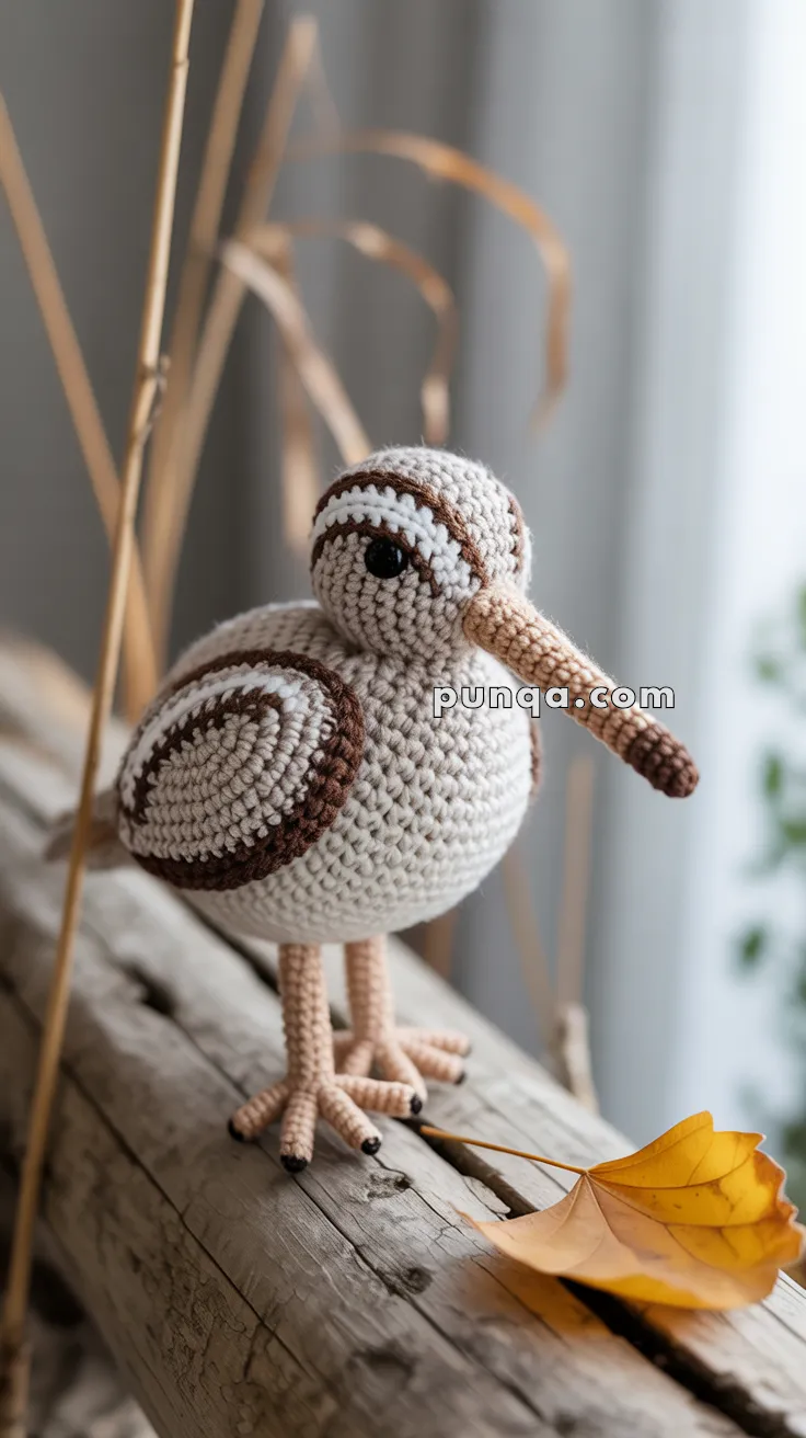 A crocheted snipe bird with brown and white patterns, featuring black eyes and a long beak, stands on a wooden surface near a yellow leaf.