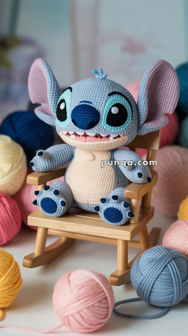 A crocheted stuffed Stitch toy resembling a blue alien-like creature sitting on a small wooden rocking chair, surrounded by balls of colorful yarn.