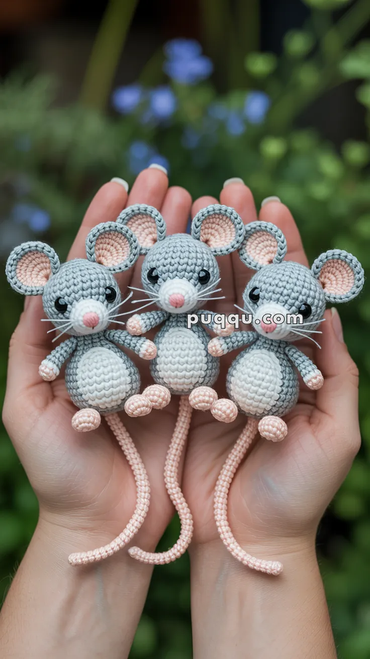 Three crocheted mice with gray bodies, pink noses, and long tails are held in two hands outdoors, with blurred greenery in the background.