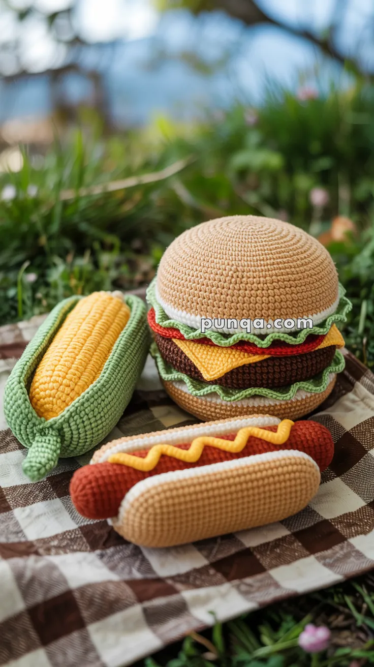 Crocheted hamburger, hotdog, and corn on the cob on a picnic blanket outdoors, surrounded by grass and foliage.