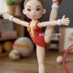 A crocheted doll dressed as a gymnast in a red leotard performs a standing split pose on a woven mat, with colorful decorations and sports equipment in the background.