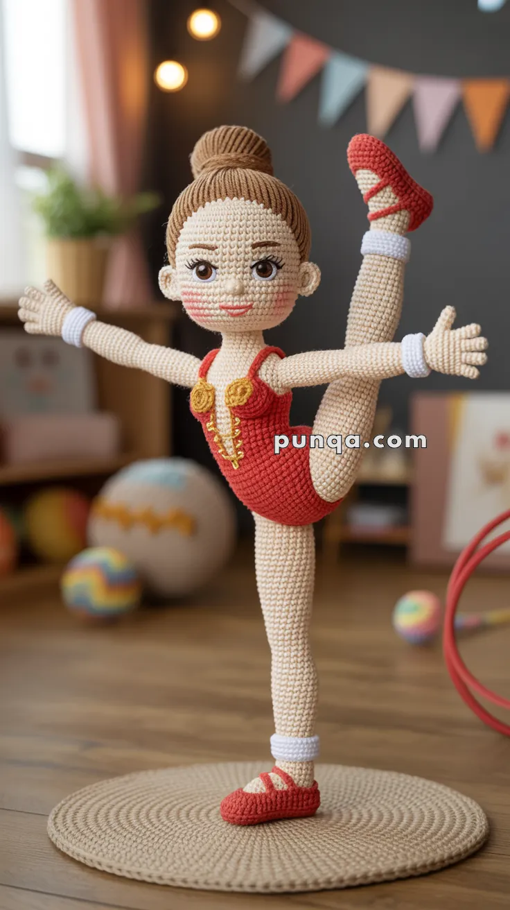 A crocheted doll dressed as a gymnast in a red leotard performs a standing split pose on a woven mat, with colorful decorations and sports equipment in the background.