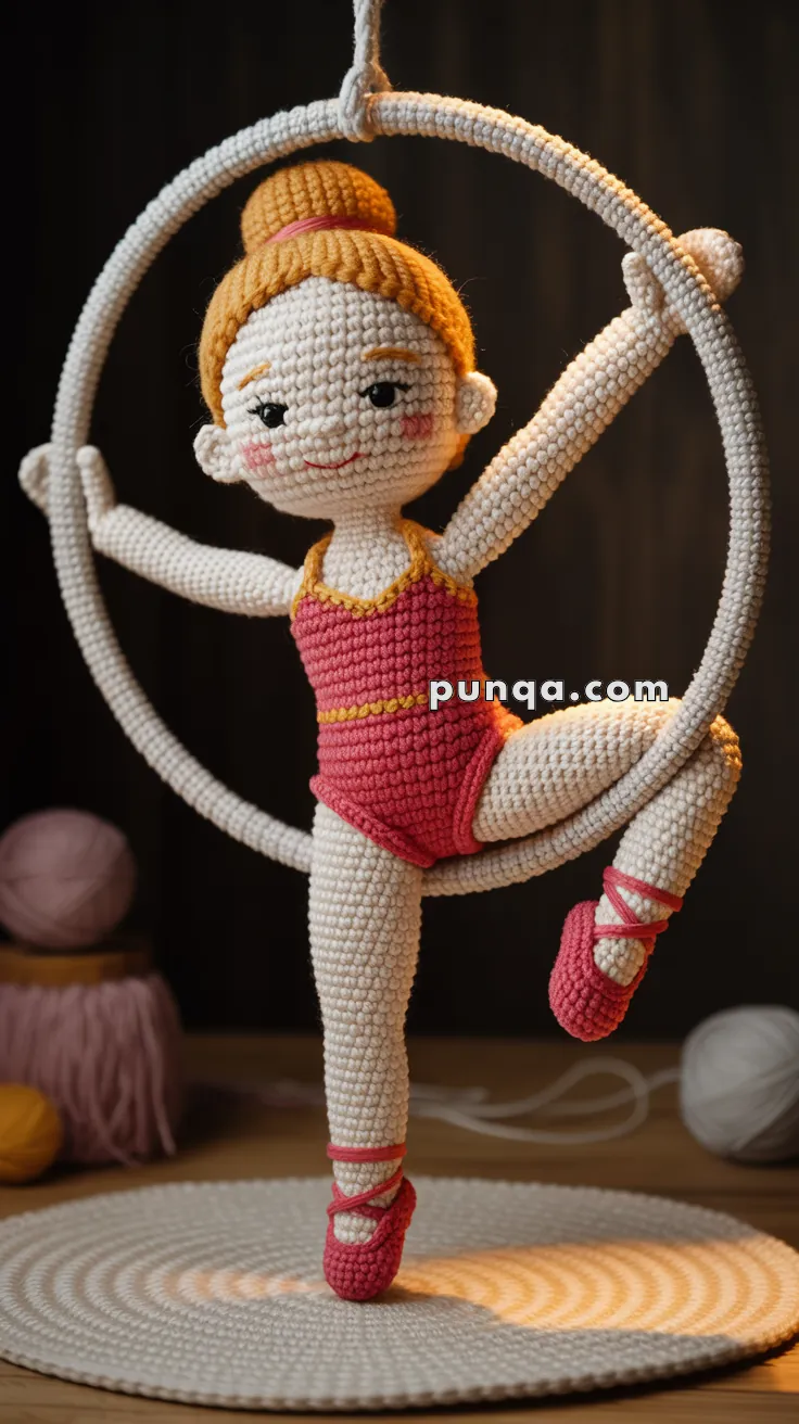A crocheted doll designed as an acrobat, dressed in a red outfit, posed gracefully on a circular hoop, with a bun hairstyle and ballet shoes, all crafted from yarn.