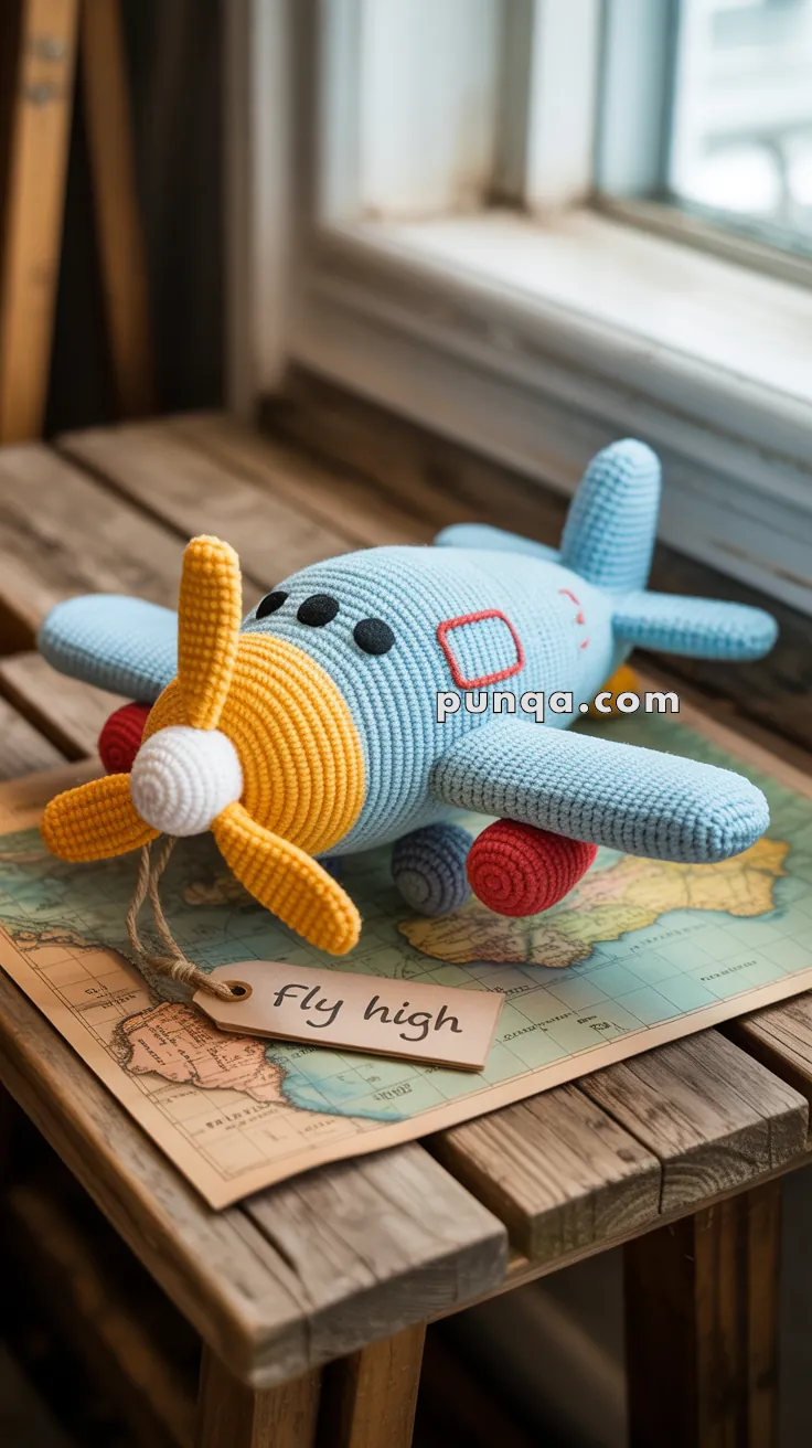 A knitted toy airplane with a blue body, yellow nose, and red wheels, sits atop a world map and a wooden table near a window, with a tag reading "fly high."