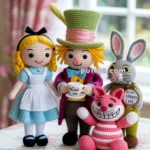 Crocheted dolls of Alice, the Mad Hatter, Cheshire Cat, and White Rabbit from Alice in Wonderland, standing together on a floral tablecloth.