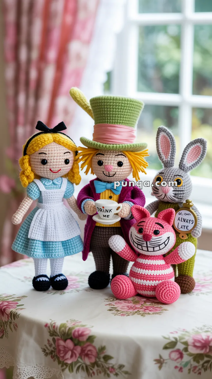 Crocheted dolls of Alice, the Mad Hatter, Cheshire Cat, and White Rabbit from Alice in Wonderland, standing together on a floral tablecloth.