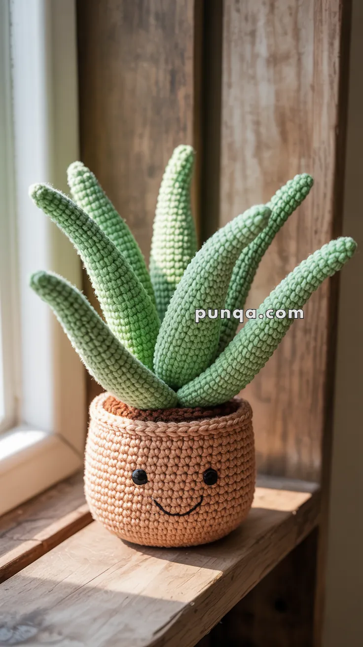 A crocheted potted plant with green leaves sitting on a wooden shelf, featuring a smiling face on the pot.
