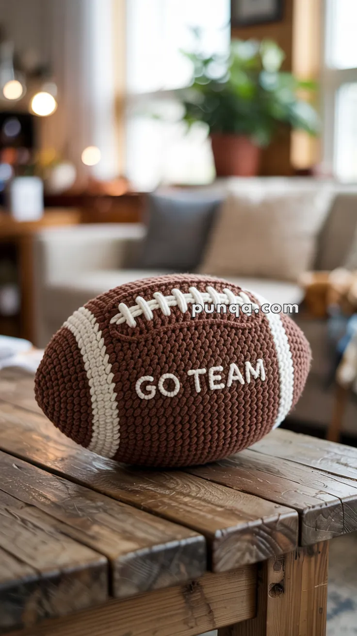 A knitted football-shaped pillow with the words 'GO TEAM' sits on a wooden table in a cozy living room setting.