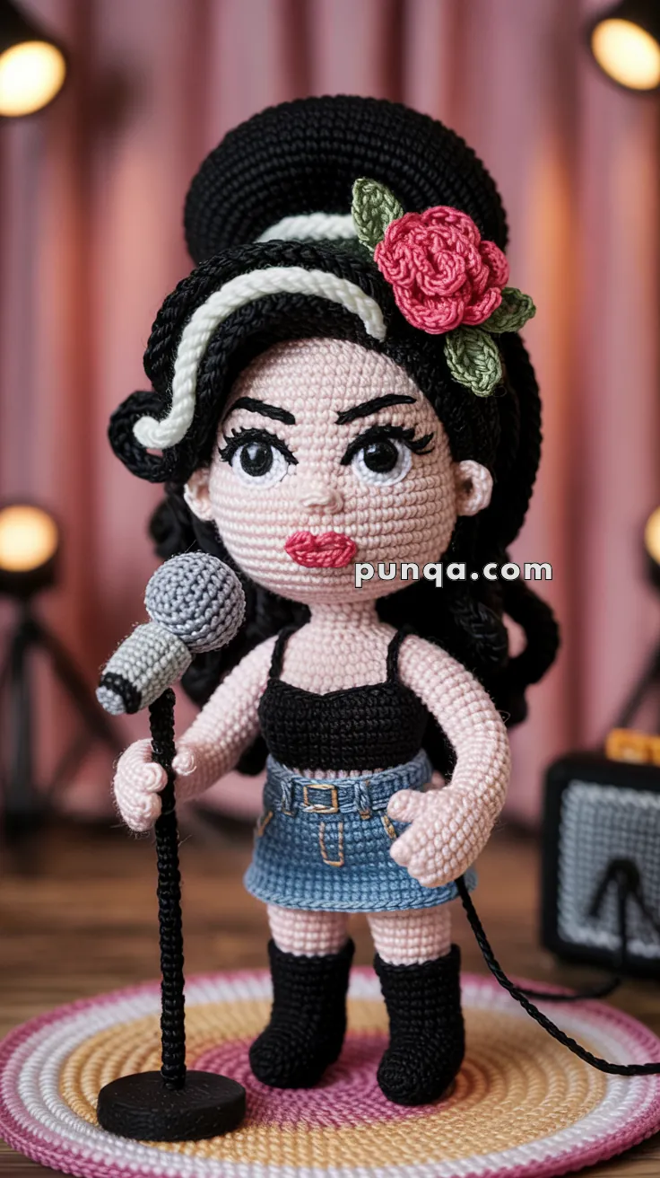 Crocheted doll with long black hair, a red flower accessory, wearing a black top and denim skirt, holding a microphone on a stand.