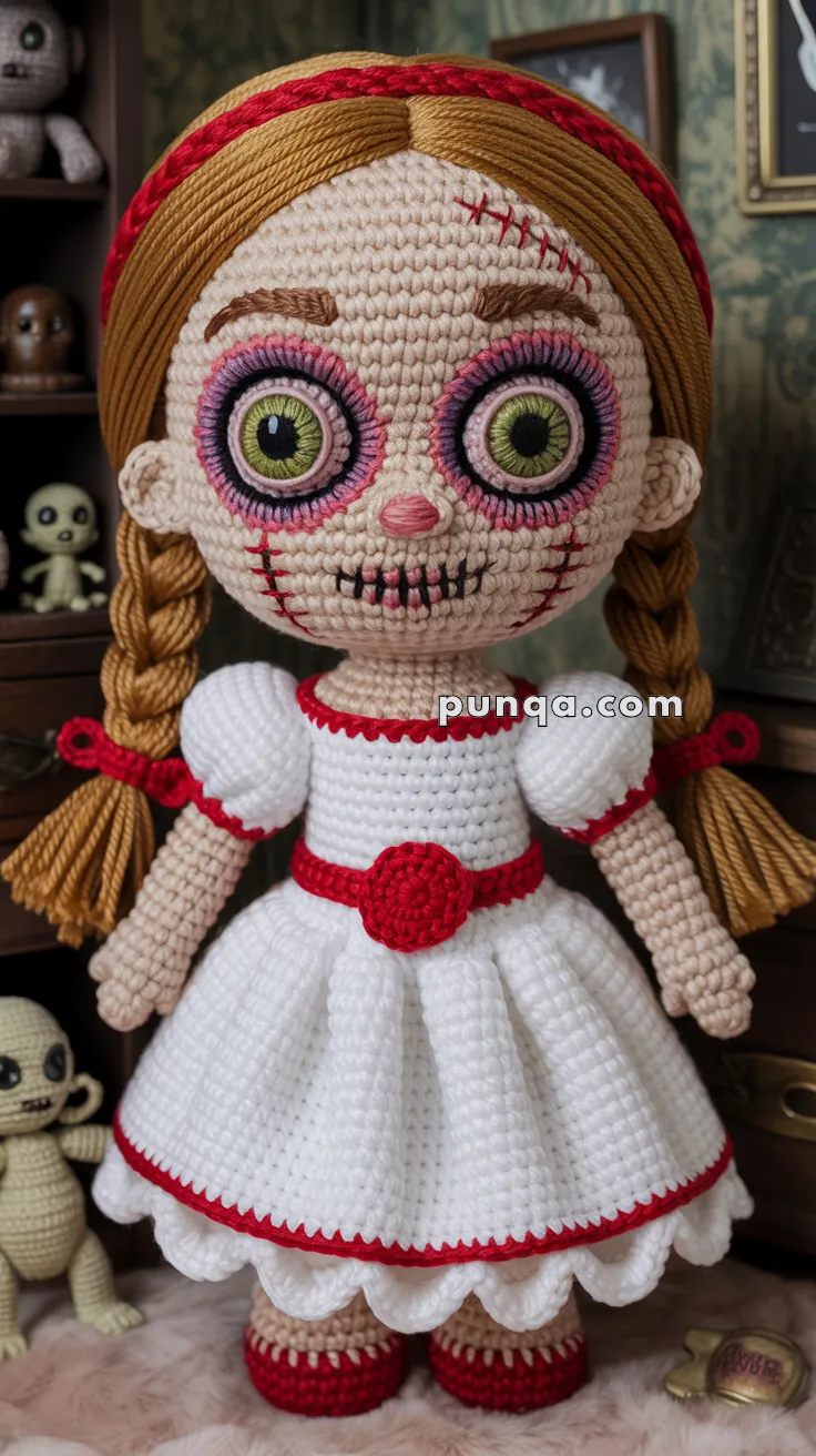 A crocheted doll with braided hair, large green eyes, and stitched details, wearing a white dress with red trim, resembling a spooky or Halloween-themed character.
