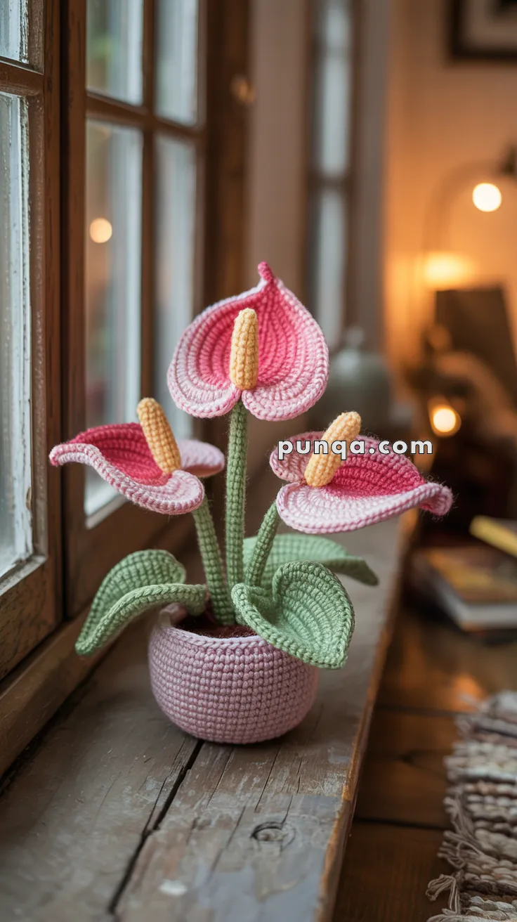 A crocheted plant featuring pink flowers and green leaves in a crocheted pot, placed on a wooden windowsill in a cozy room.