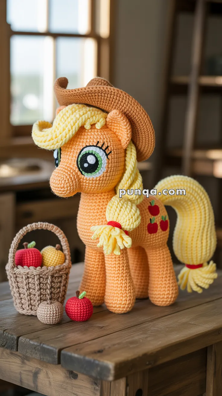 A crocheted pony with a yellow mane and tail, wearing a brown cowboy hat, is standing next to a woven basket filled with crocheted apples. The pony has big green eyes and small red apple patterns on its side, set indoors on a wooden table.