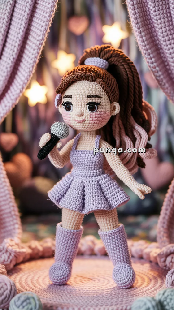 Crocheted doll with brown hair styled in a ponytail, wearing a light purple dress and boots, holding a microphone, standing in front of a backdrop with star and heart decorations.