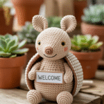 A crocheted armadillo toy holding a "Welcome" sign sits on a wooden table surrounded by various potted succulents.