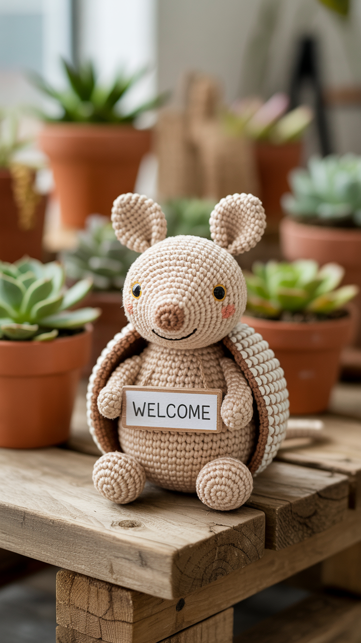 A crocheted armadillo toy holding a "Welcome" sign sits on a wooden table surrounded by various potted succulents.