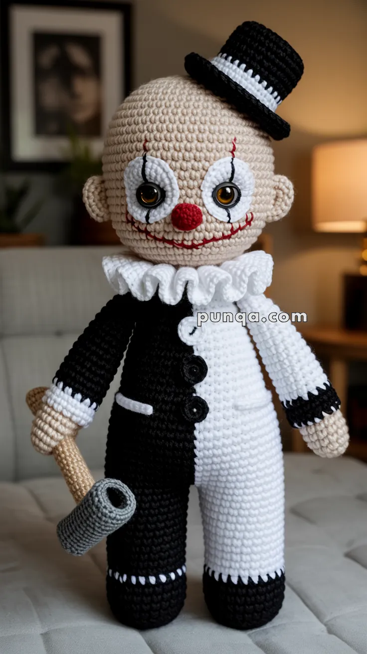 A crocheted clown doll wearing a black and white half-and-half outfit with a ruffled collar and a small top hat, holding a gray hammer in one hand.