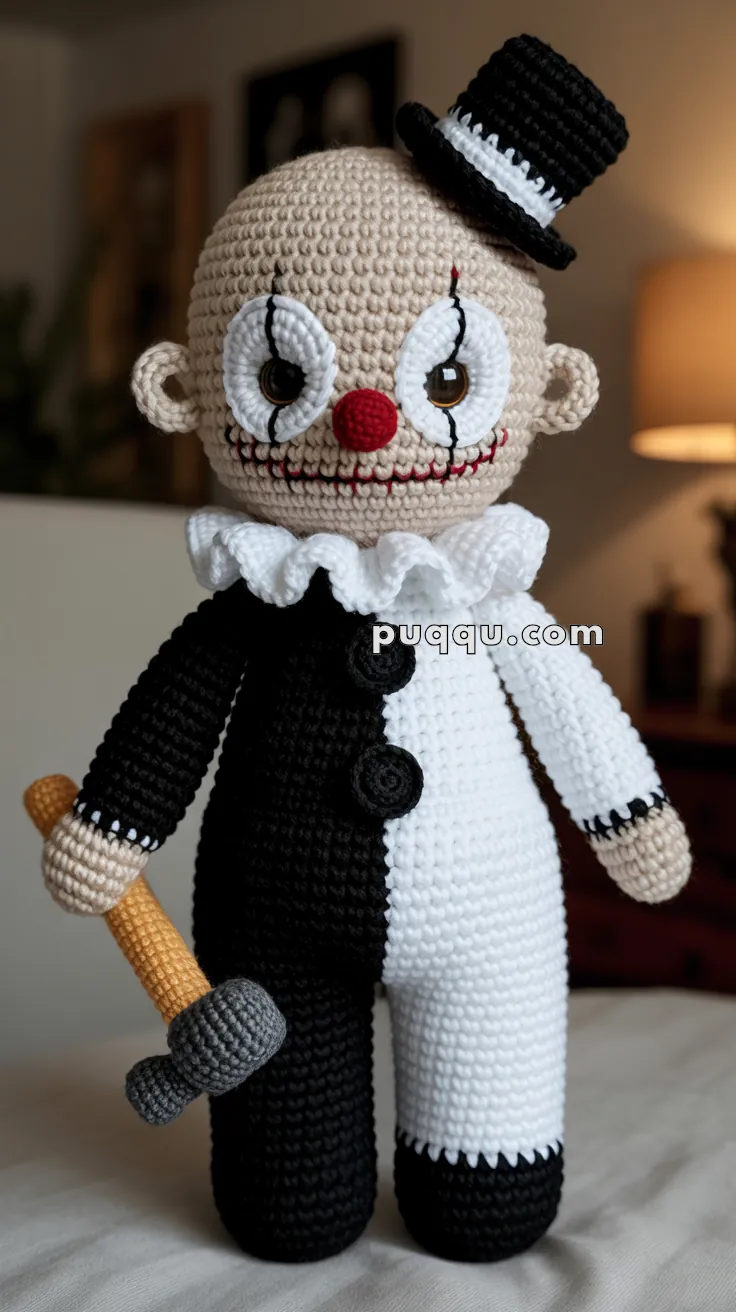 A crocheted clown doll with a half-black, half-white outfit, a black cutaway coat, and a small top hat, holding a plush hammer. The doll has a round red nose, large oval eyes, and a wide, stitched smile.