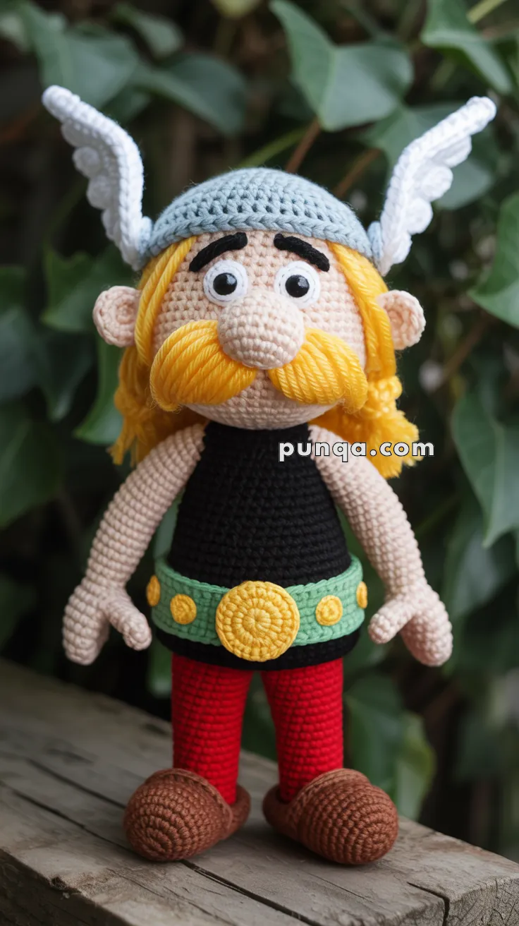 A handmade crocheted doll featuring a character with a winged helmet, large mustache, black shirt, red pants, and brown shoes.