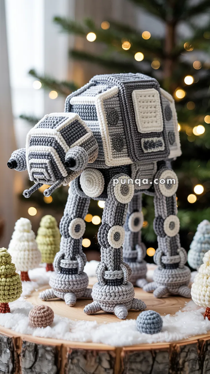 A crochet model of an AT-AT walker displayed in a winter-themed setting with small crocheted trees and snow, placed on a wooden surface with a blurred Christmas tree in the background with lights.