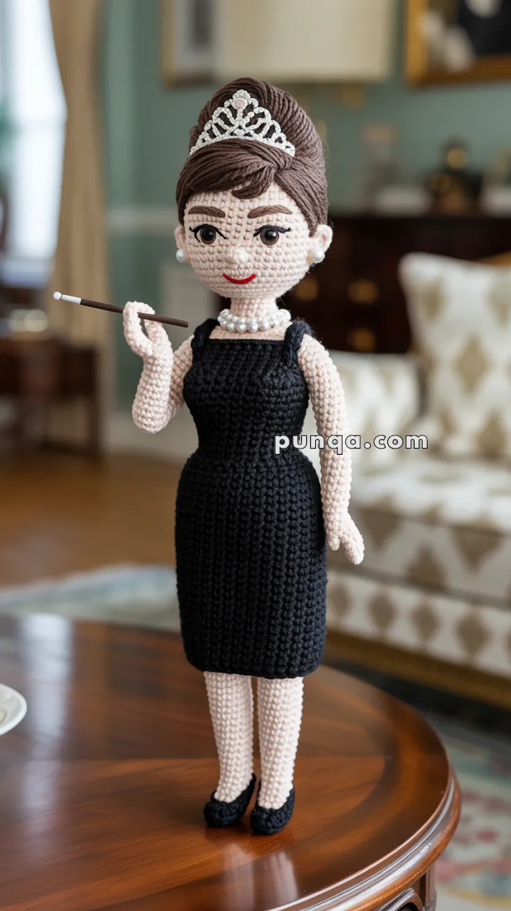A crocheted doll dressed in a classic black dress with a pearl necklace and tiara, holding a long cigarette holder, standing on a wooden table in a room with elegant decor.