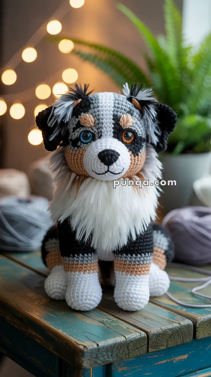 A crocheted dog doll with multicolored yarn sitting on a rustic wooden table, surrounded by balls of yarn and soft glowing lights in the background.