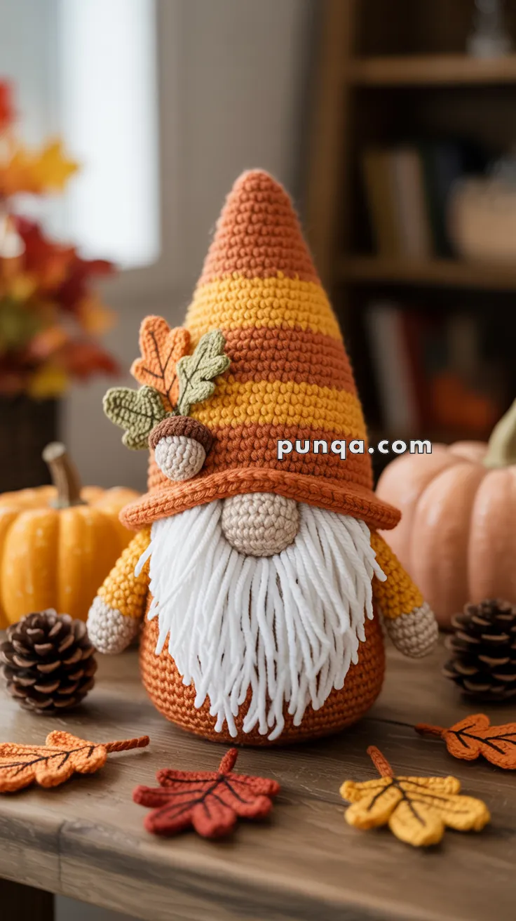 A crocheted gnome with a white beard and a tall orange and yellow hat, decorated with autumn leaves and sitting on a wooden table surrounded by pumpkins and pinecones.