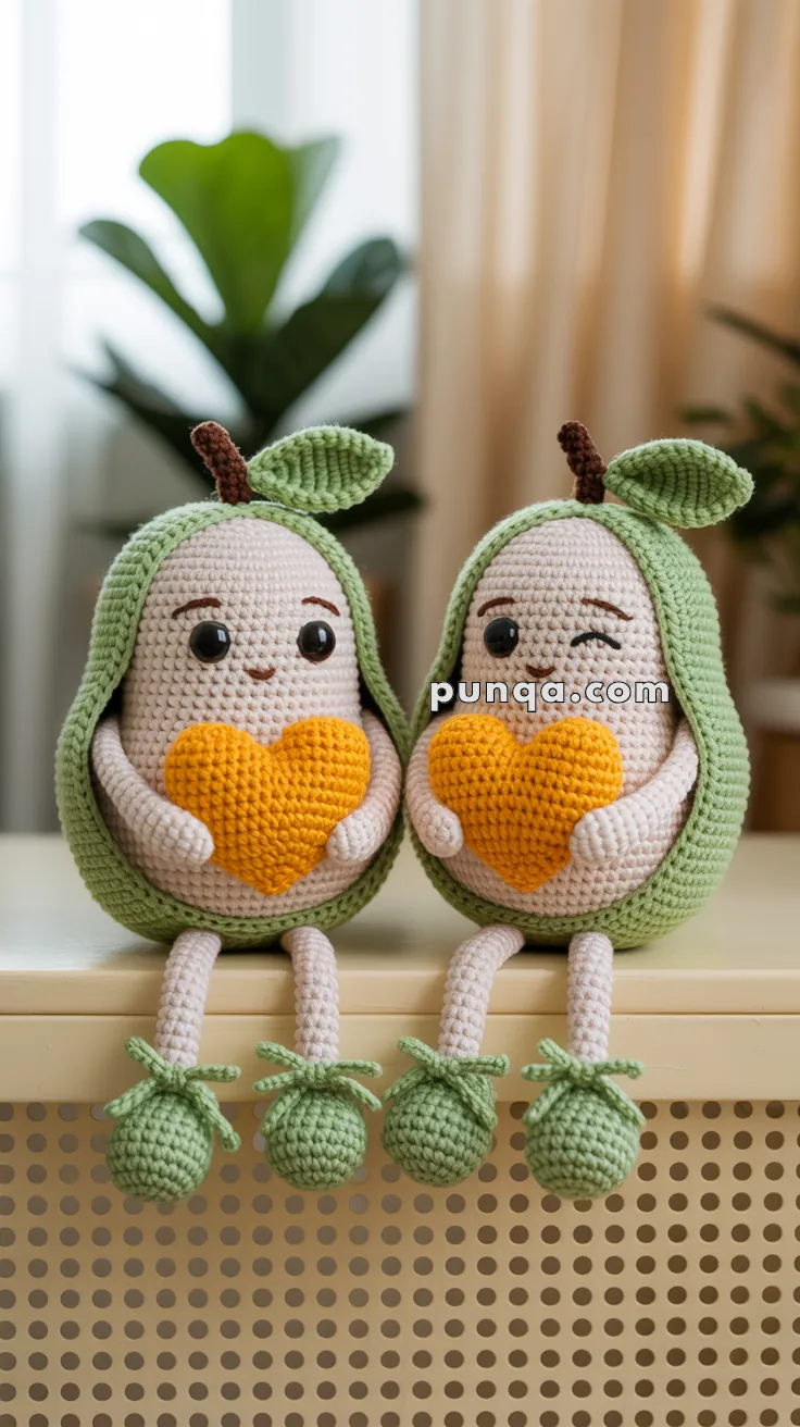 Two crocheted avocado dolls sitting next to each other on a bench, each holding an orange heart. They have green outer layers with leaves on top and are smiling, with one winking.