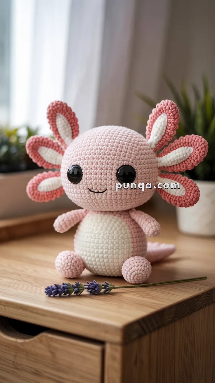 A crocheted pink axolotl toy with large black eyes and a smile, sitting on a wooden surface with a sprig of lavender in front of it. A plant and a curtain are in the background.